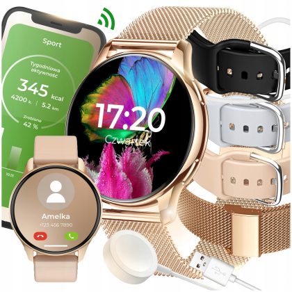 SMARTWATCH ZEGAREK DAMSKI MENU PL ROZMOWY POWIADOMIENIA SPORT 4 PASKI